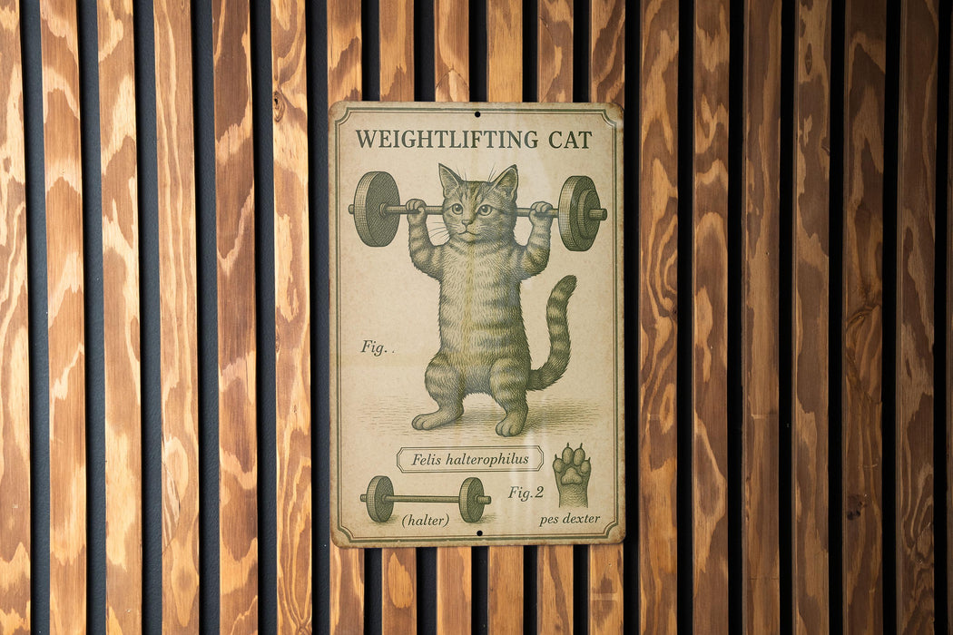 a sign on a wooden wall with a picture of a cat lifting a barbell
