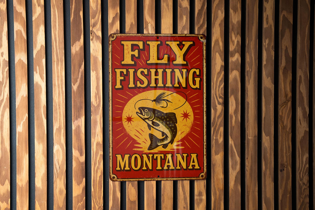 a sign on a wooden wall that says fly fishing montana
