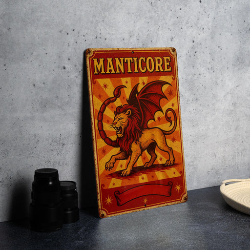 a picture of a manticore sign on a table