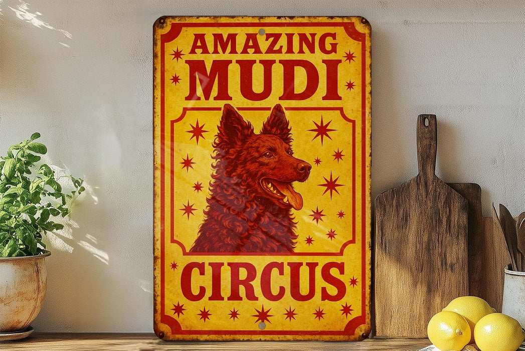 a picture of a red dog on a yellow sign