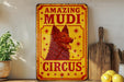 a picture of a red dog on a yellow sign