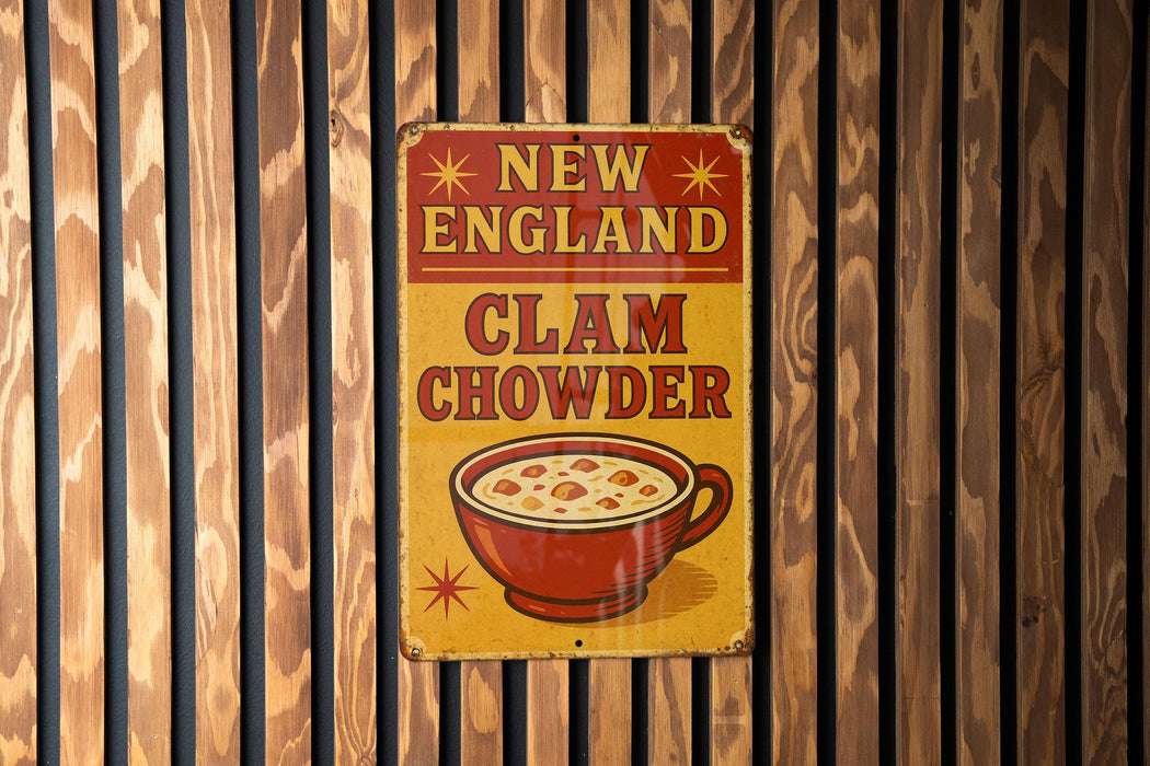 a sign on a wooden wall that says new england clam chowder