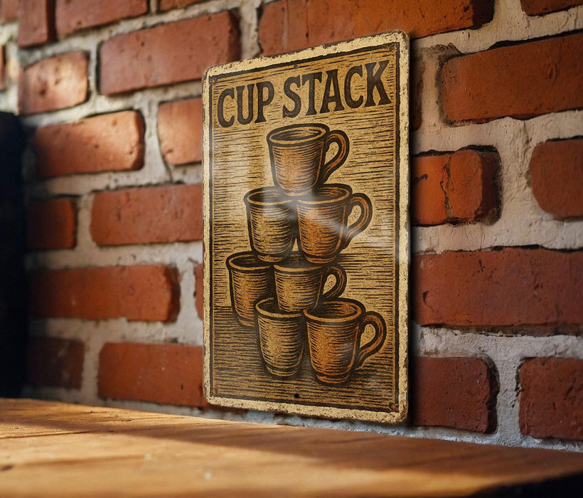 a sign on a brick wall that says cup stack
