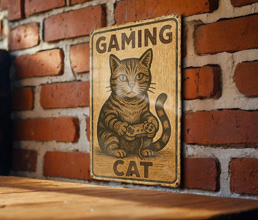 a sign on a brick wall that says gaming cat