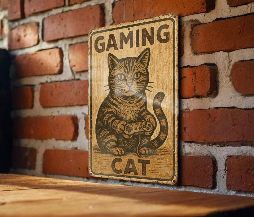 a sign on a brick wall that says gaming cat