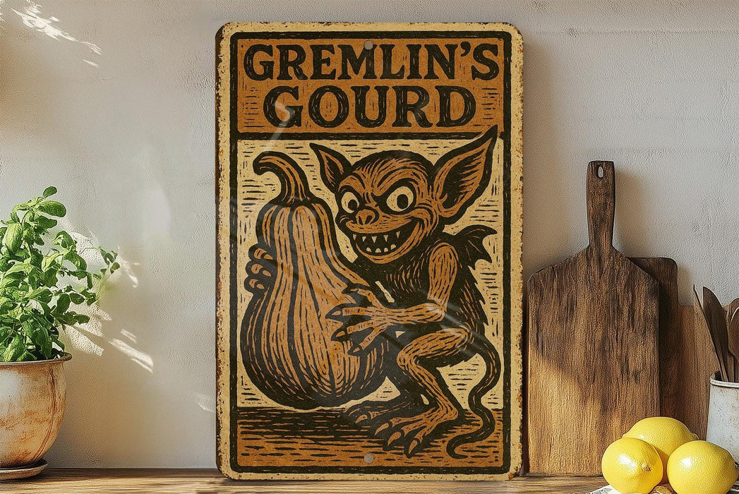 a picture of a gremlin's gourd sign on a shelf