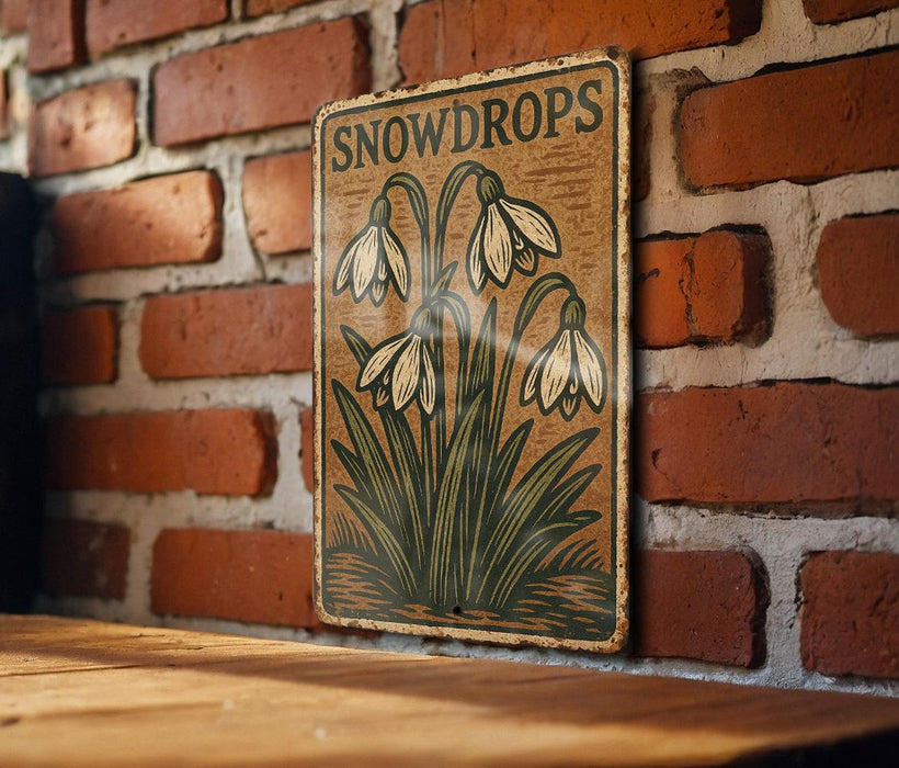 a sign on a brick wall that says snowdrops
