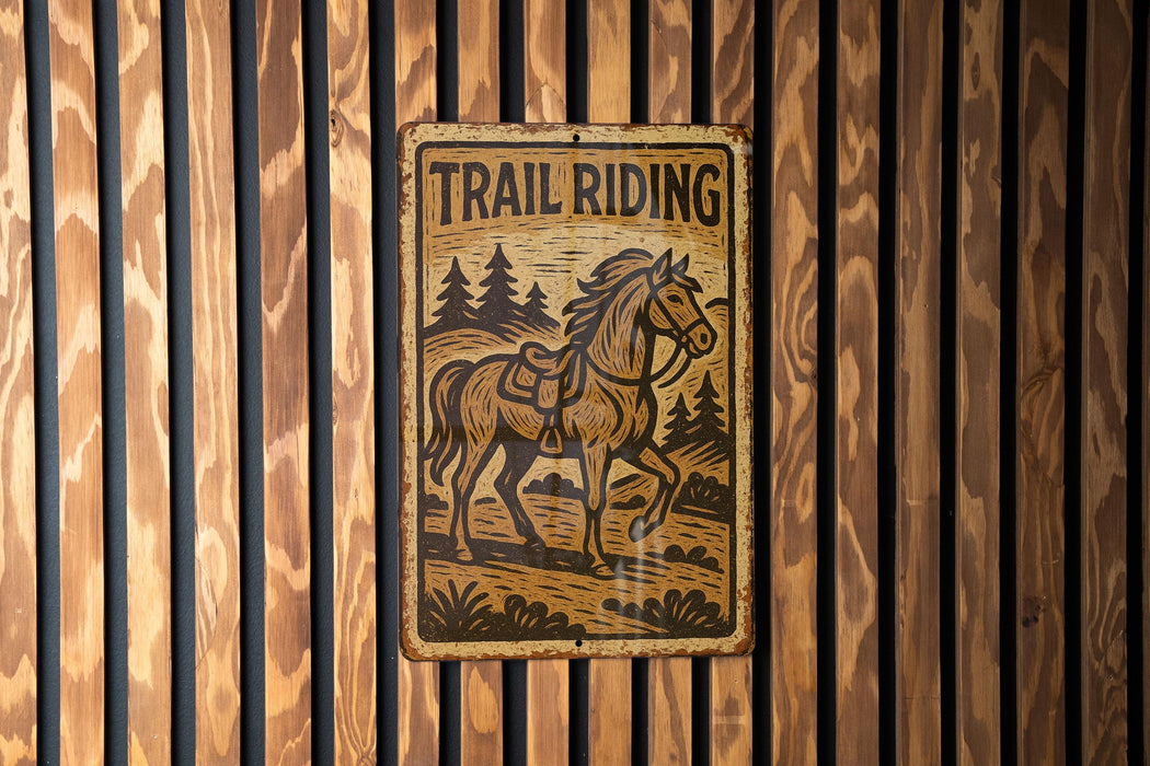 a trail riding sign mounted to a wooden wall