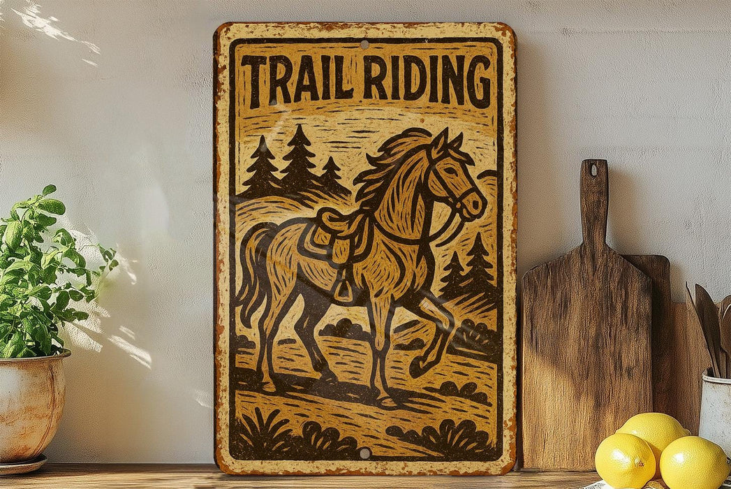 a picture of a trail riding sign on a shelf