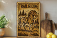 a picture of a trail riding sign on a shelf