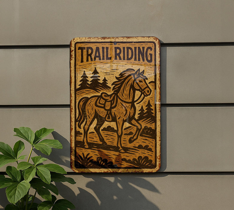 a sign on the side of a building that says trail riding