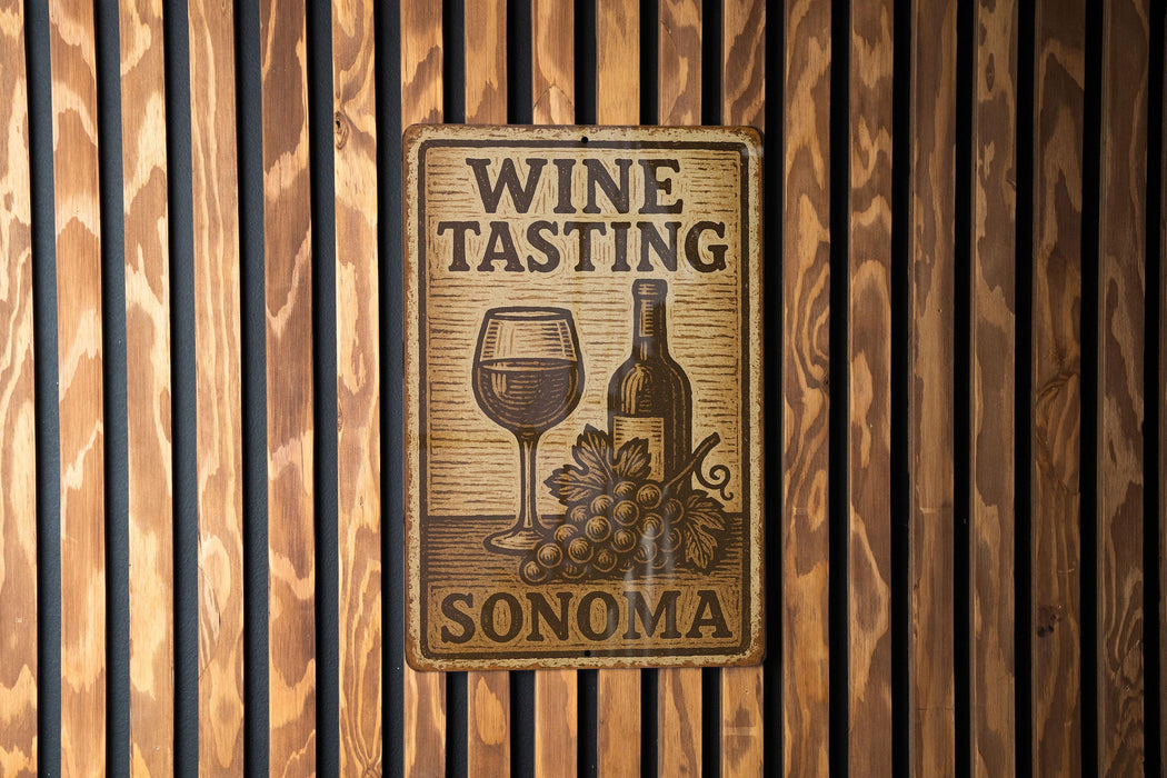 a wine tasting sign on a wooden wall