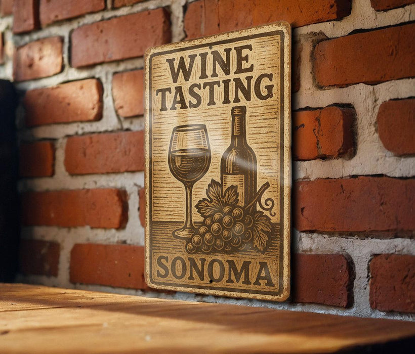 a wine tasting sign on a brick wall