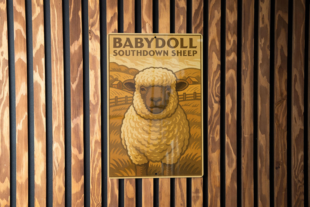 a poster of a sheep with the text "BABYDOL" and "SOUTHDOWN SHEEP" on it, which is displayed on a wooden wall.