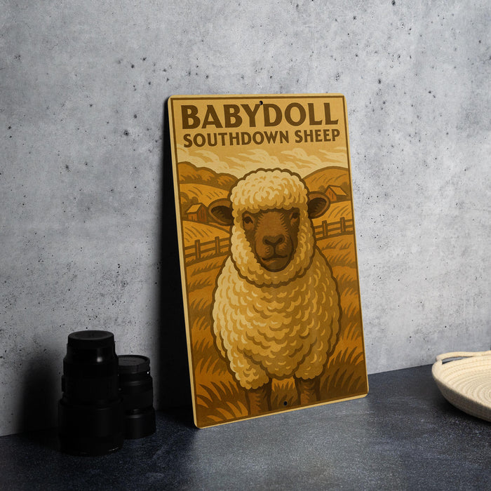 a metal sign with a sheep illustration, placed on a table next to some black camera lenses.