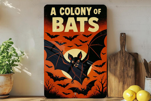 A sign with the text "A COLONY OF BAT" and an illustration of a bat against a bat-filled sky, with a wooden cutting board and lemons in the background.