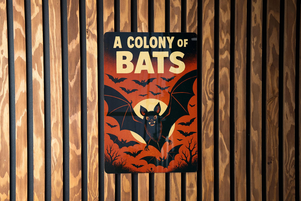 A sign with the text "A COLONY OF BAT" and an illustration of a bat against a dark background with bats flying around it.