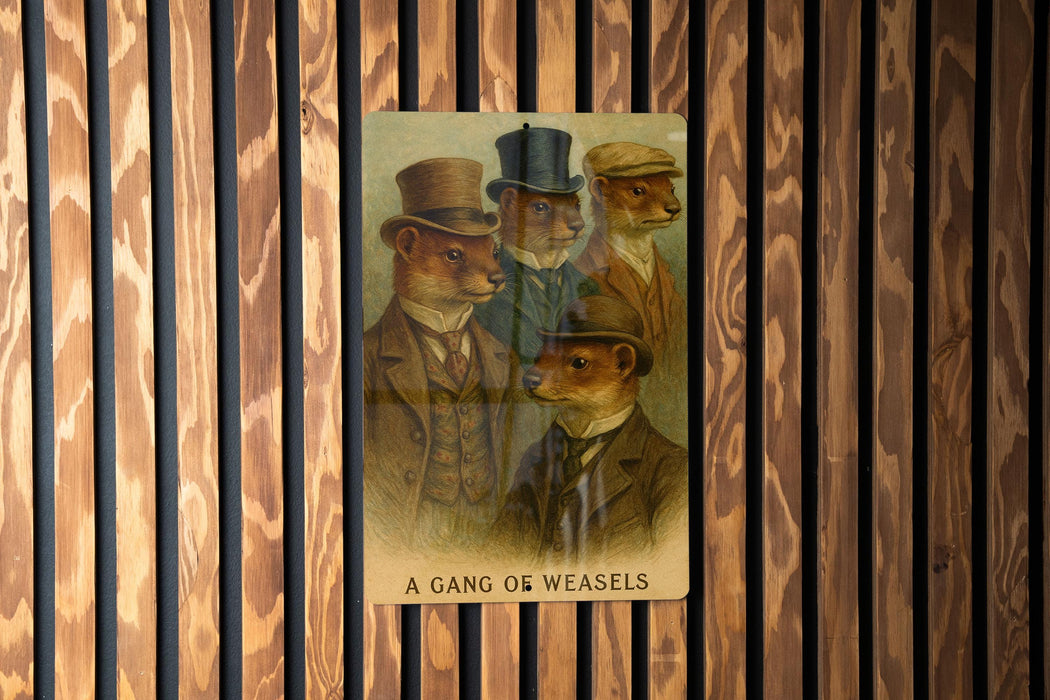 A collage of four images depicting cartoon-like men wearing top hats and suits, with the text "A GANG OF WEASELS" below the images.