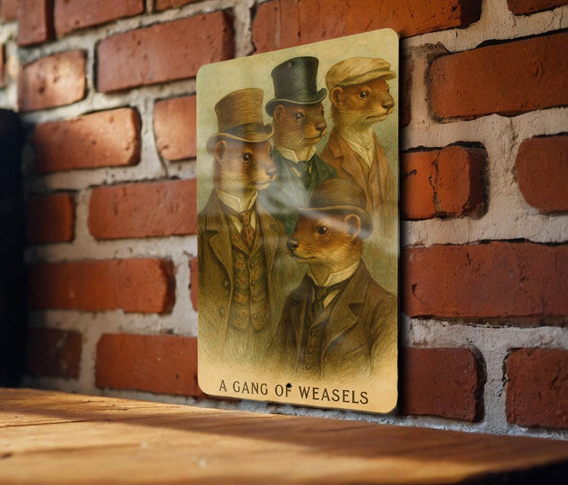 A metal sign with a vintage-style illustration of four weasels dressed in suits and hats, with the text "A GANG OF WEASELS" below the image.