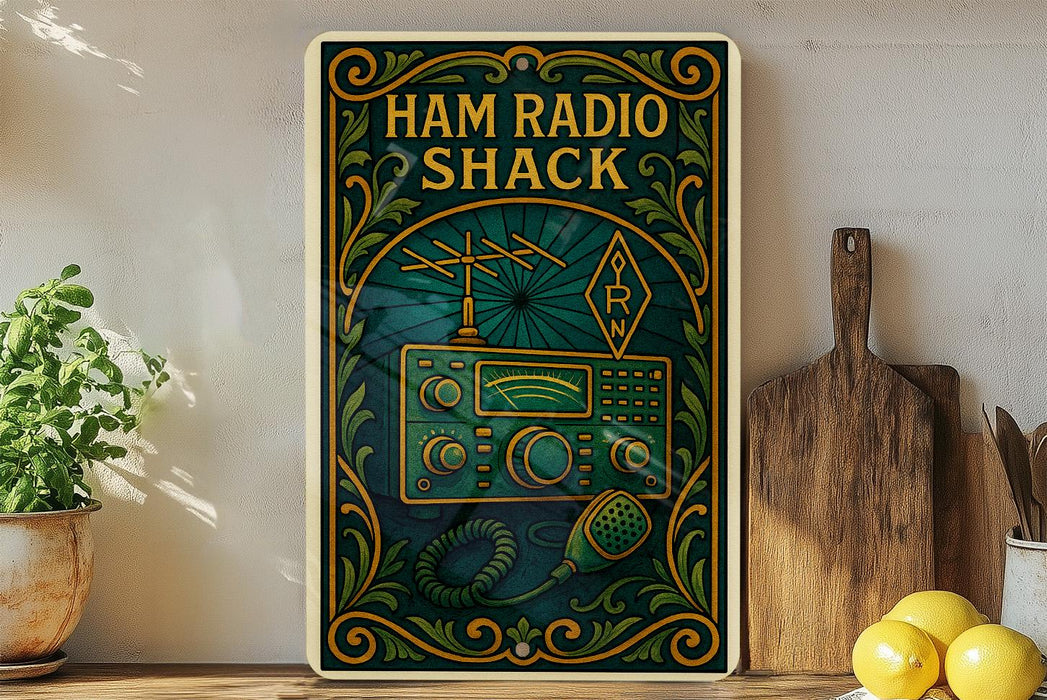 a vintage-style poster for Ham Radio Shack, with a green and gold color scheme and decorative elements.