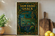 a vintage-style poster for Ham Radio Shack, with a green and gold color scheme and decorative elements.