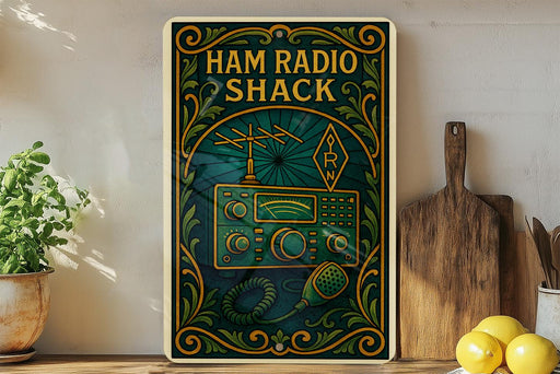 a vintage-style poster for Ham Radio Shack, with a green and gold color scheme and decorative elements.