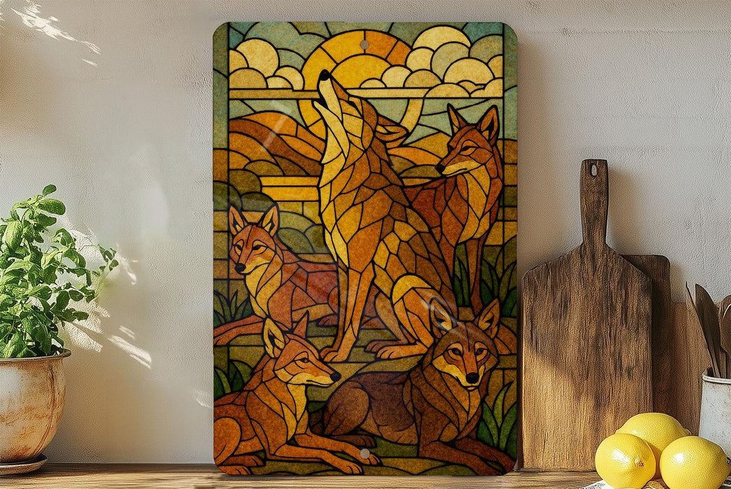 a vibrant stained glass artwork depicting a group of foxes in a natural setting, with a sun and clouds in the background.