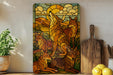 a vibrant stained glass artwork depicting a group of foxes in a natural setting, with a sun and clouds in the background.
