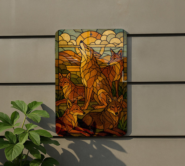 a vibrant stained glass artwork depicting a group of foxes in a natural setting, with a colorful and intricate design.