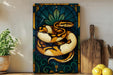 a large, colorful painting of a snake on a wall, with a wooden cutting board and a potted plant to the side.