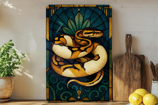 a large, colorful painting of a snake on a wall, with a wooden cutting board and a potted plant to the side.