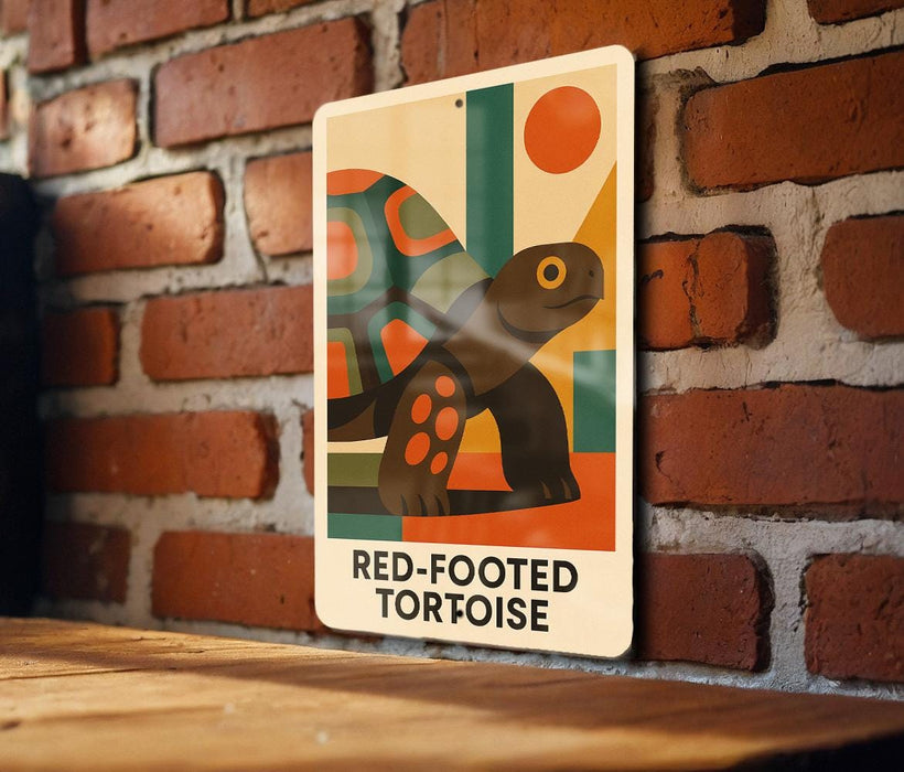 A metal sign with a colorful illustration of a tortoise is mounted on a brick wall.