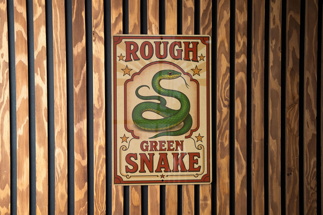 a poster with the text "ROUGH GREEN SNAKE" and an illustration of a green snake.