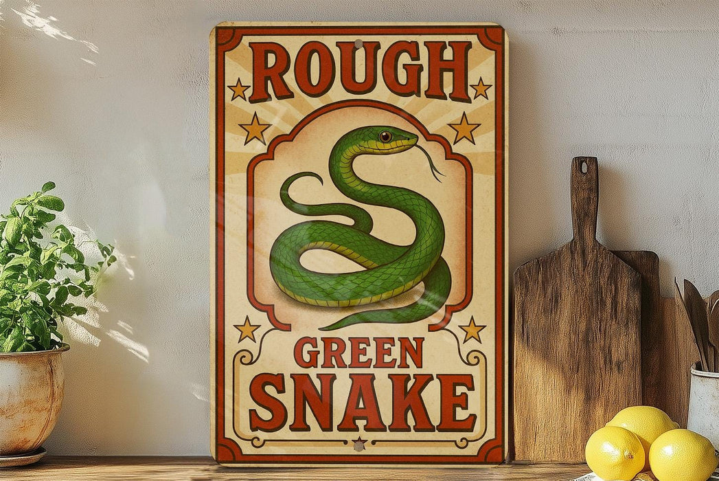 a vintage-style sign with a green snake on it, placed on a wooden surface next to a wooden cutting board and some lemons.