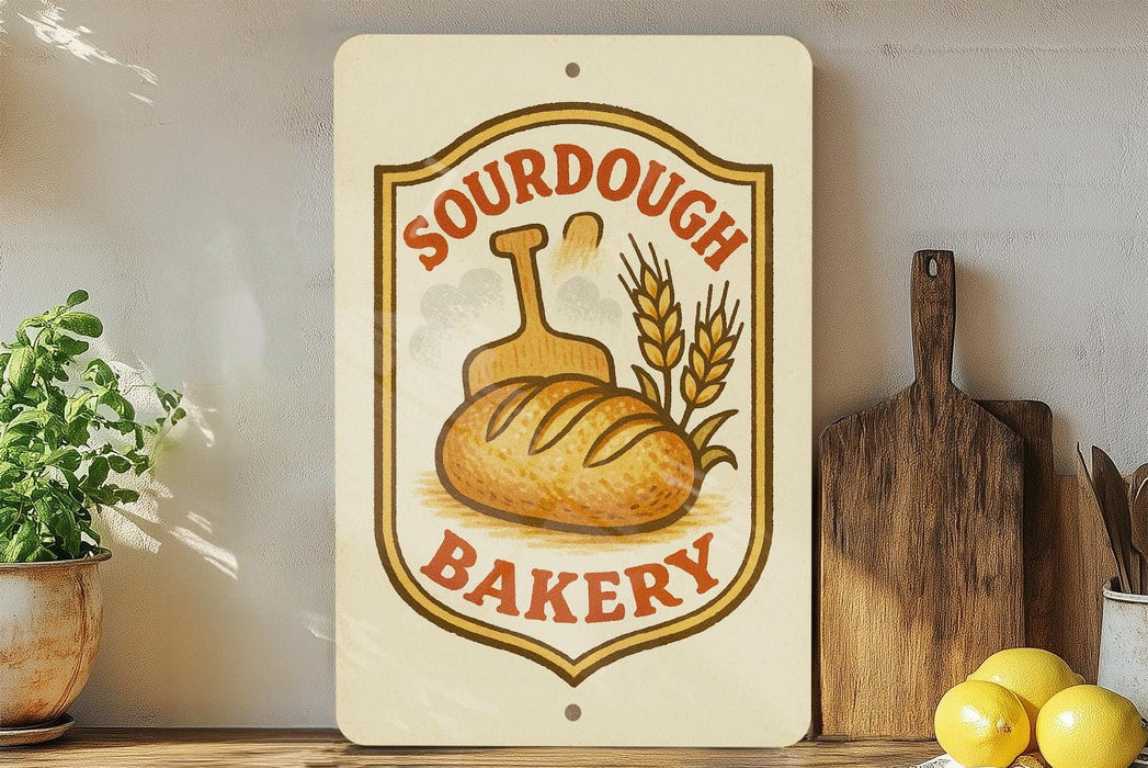 a bakery sign with a bread loaf and wheat stalks, placed on a wooden shelf next to kitchen utensils and a potted plant.