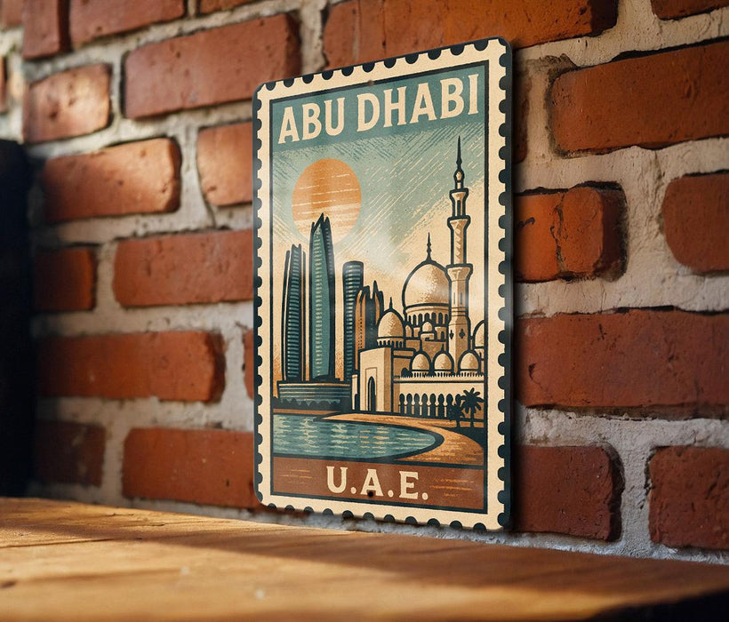 A vintage-style postage stamp depicting the skyline of Abu Dhabi, the capital city of the United Arab Emirates.