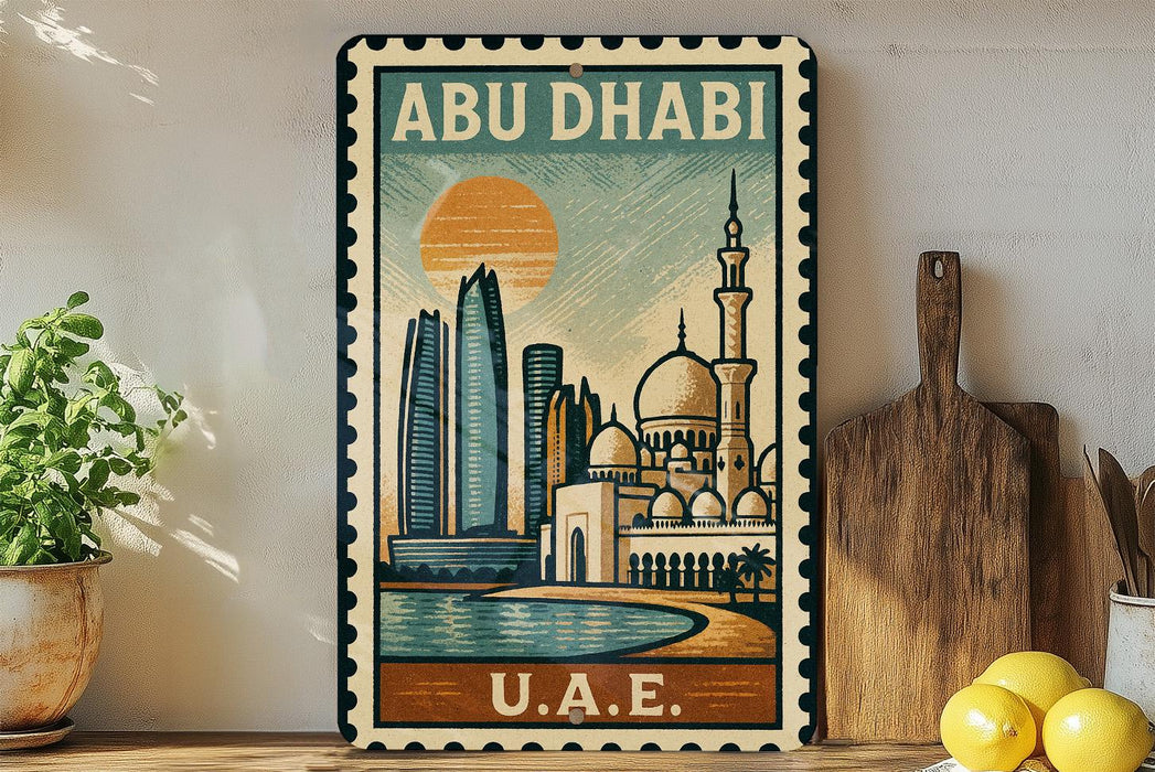 a framed poster of the skyline of Abu Dhabi, with a mosque and skyscrapers in the background, displayed on a shelf next to a wooden cutting board and a potted plant.