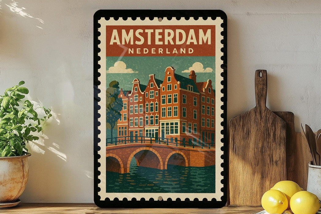 A framed poster of Amsterdam, Netherlands, featuring a colorful illustration of the city's iconic canal-side buildings and bridges.