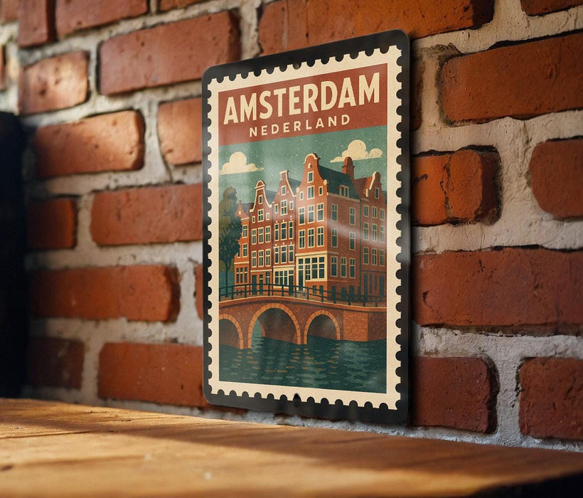 A vintage-style postage stamp depicting a brick wall with a bridge and buildings, mounted on a brick wall.