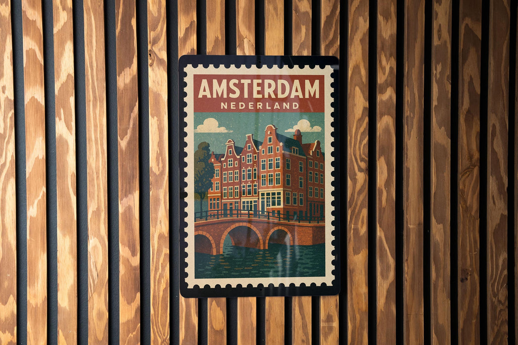 A vintage-style postage stamp depicting a cityscape of Amsterdam, Netherlands, with a bridge and canal in the background.