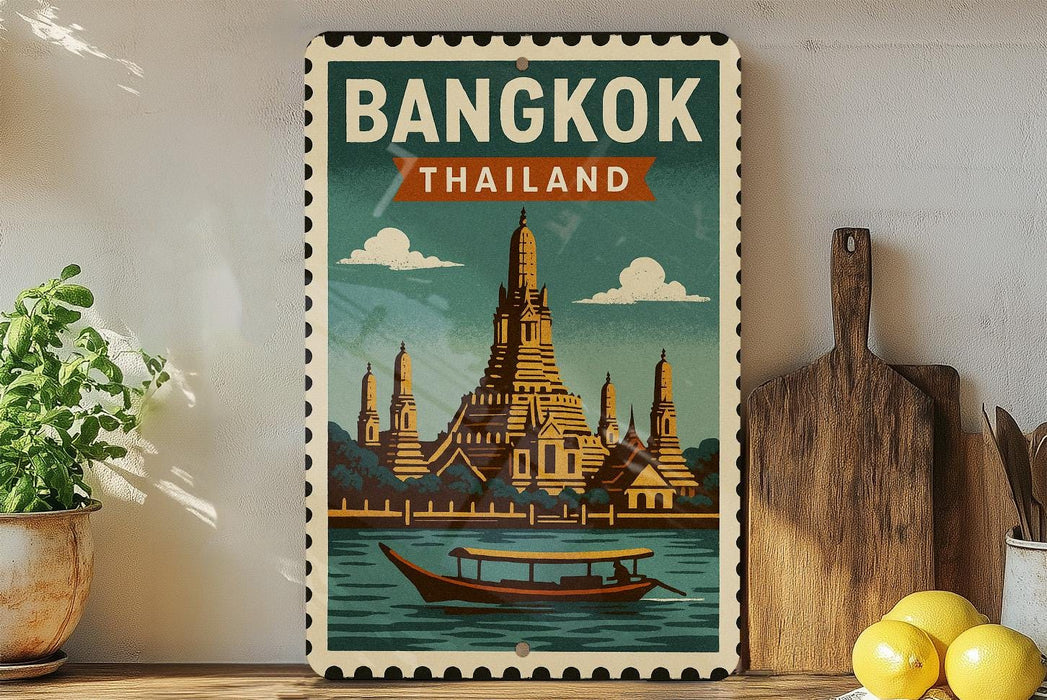 A vintage-style poster of the Wat Phra Mahathat temple in Bangkok, Thailand, featuring a boat on the river and a temple in the background.