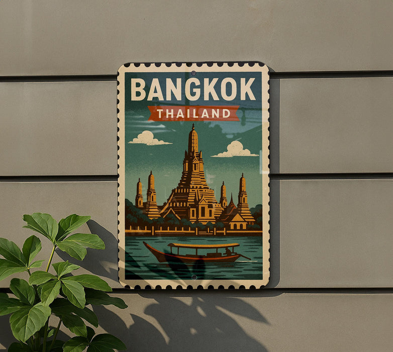 A vintage-style poster of the Wat Phra Mahathat temple in Bangkok, Thailand, displayed on a wall.