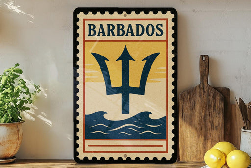 A vintage-style sign for Barbados, featuring a trident symbol, is displayed on a shelf next to a wooden cutting board and a potted plant.