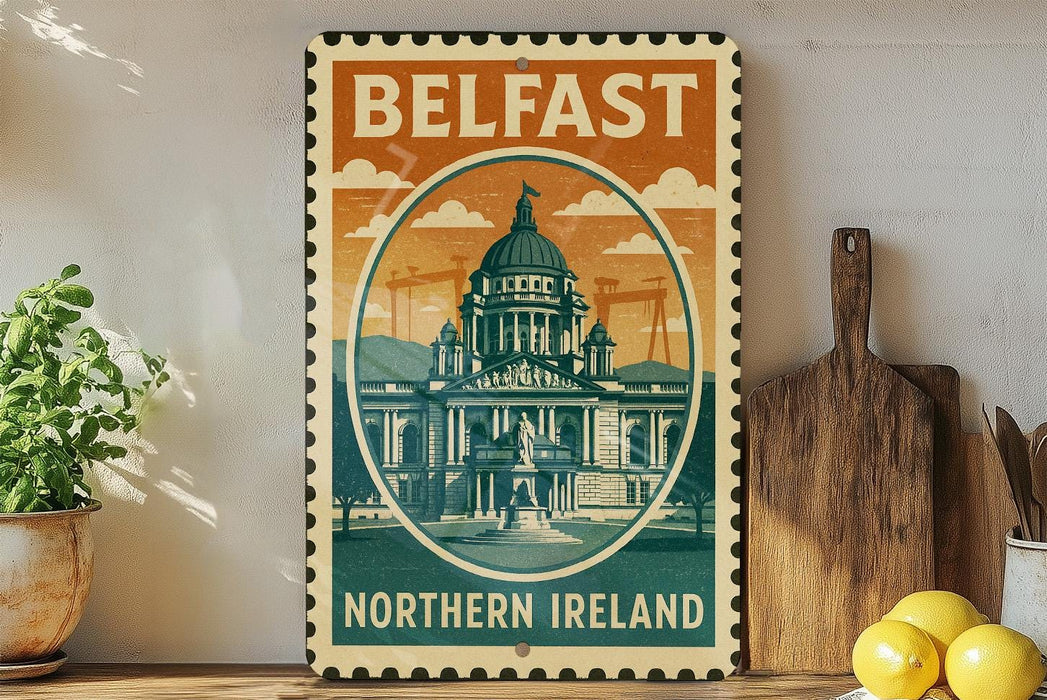 A vintage-style metal sign with the text "Belfast Northern Ireland" and an illustration of a building, placed on a wooden surface next to a potted plant and a wooden cutting board.