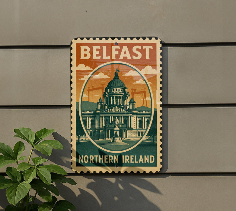 A vintage-style sign that reads "Belfast Northern Ireland" with an illustration of a building and a dome, mounted on a wall.