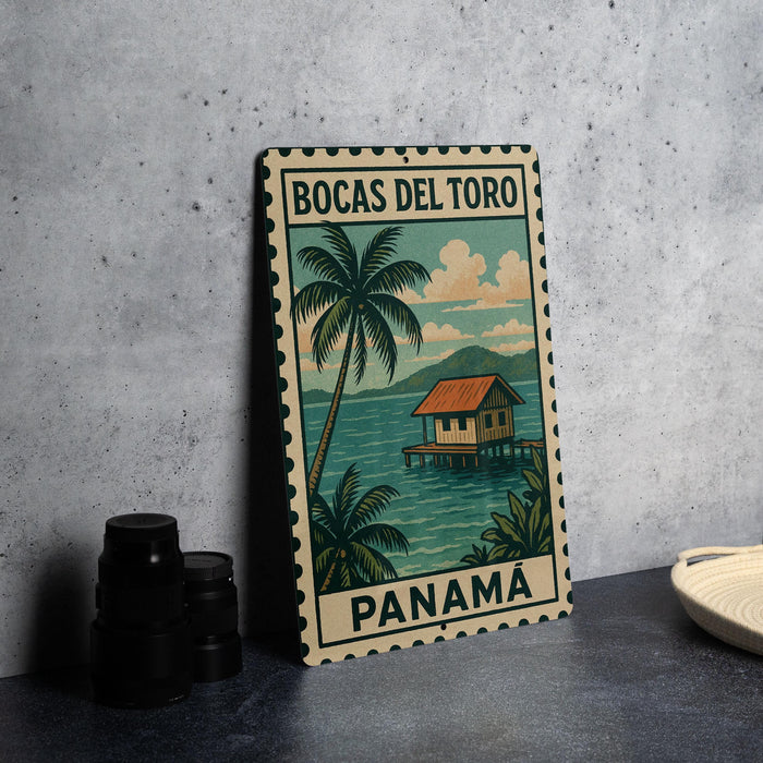 A vintage-style poster of Bocas del Toro, a tropical island in Panama, featuring a palm tree and a house on a wooden dock.