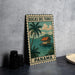 A vintage-style poster of Bocas del Toro, a tropical island in Panama, featuring a palm tree and a house on a wooden dock.