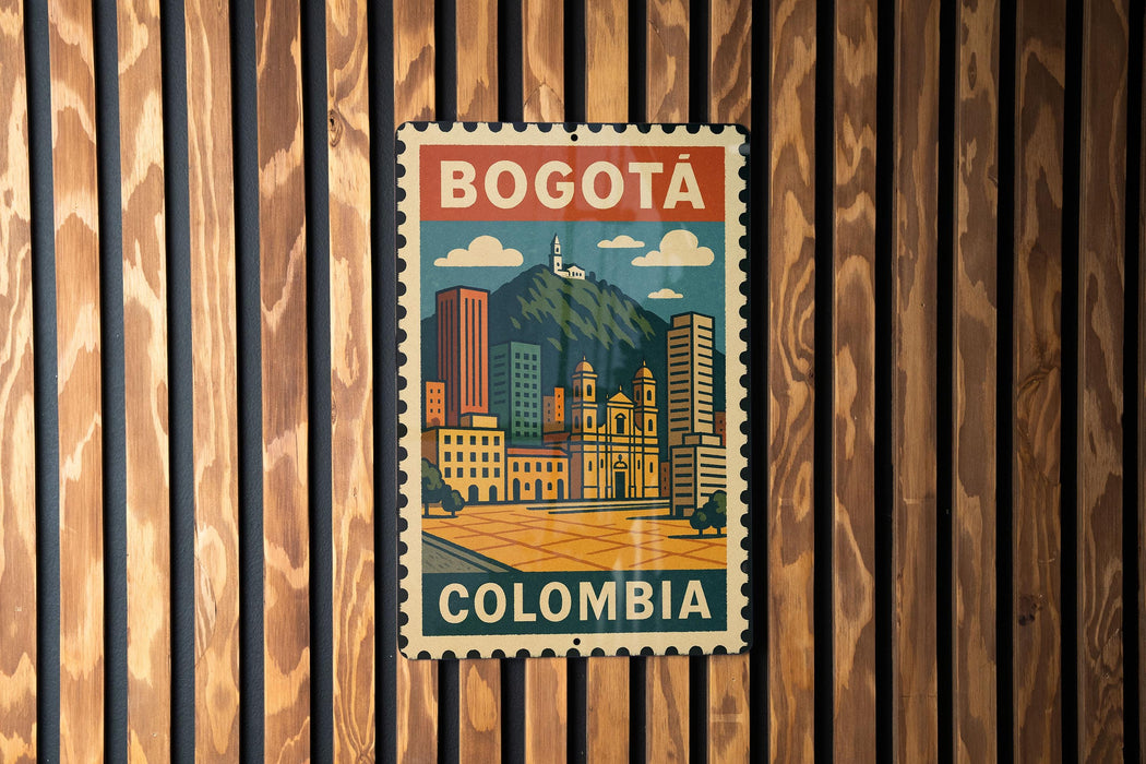 A vintage-style poster of Bogota, Colombia, featuring a cityscape with buildings, a church, and a mountain.