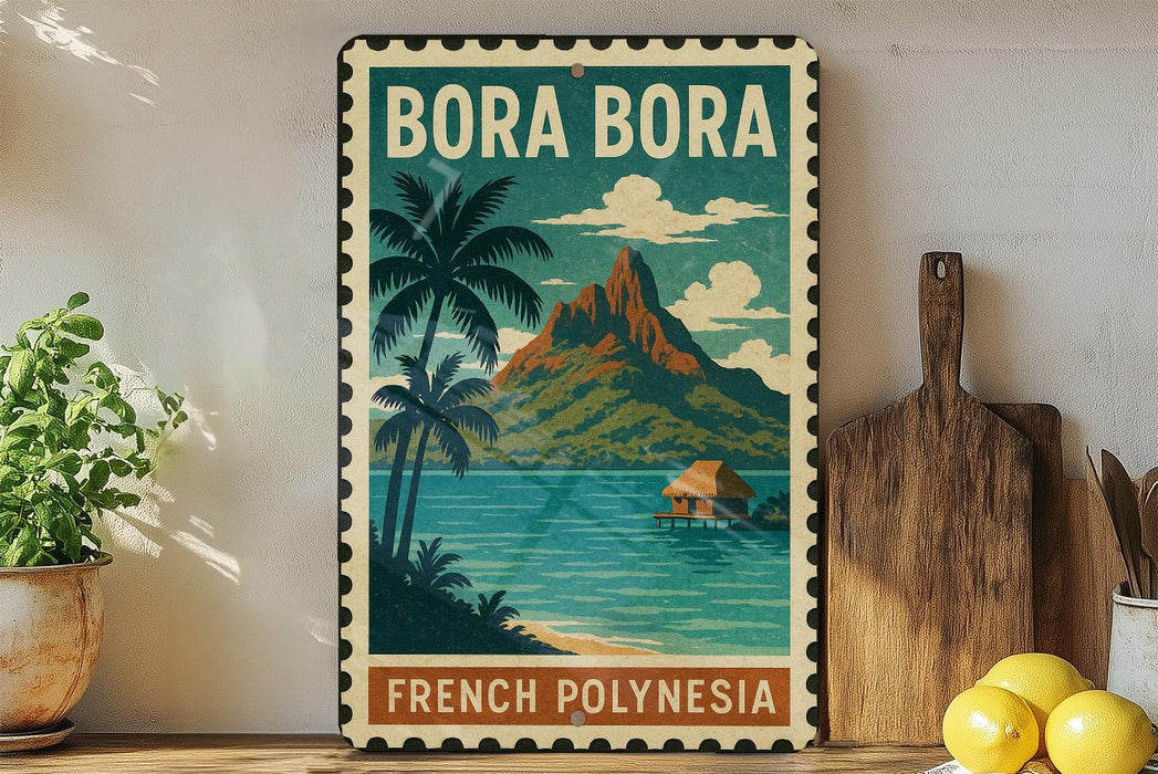 A vintage-style poster of Bora Bora, a tropical island in French Polynesia, featuring palm trees, a mountain, and a hut on the beach.