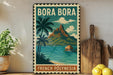 A vintage-style poster of Bora Bora, a tropical island in French Polynesia, featuring palm trees, a mountain, and a hut on the beach.
